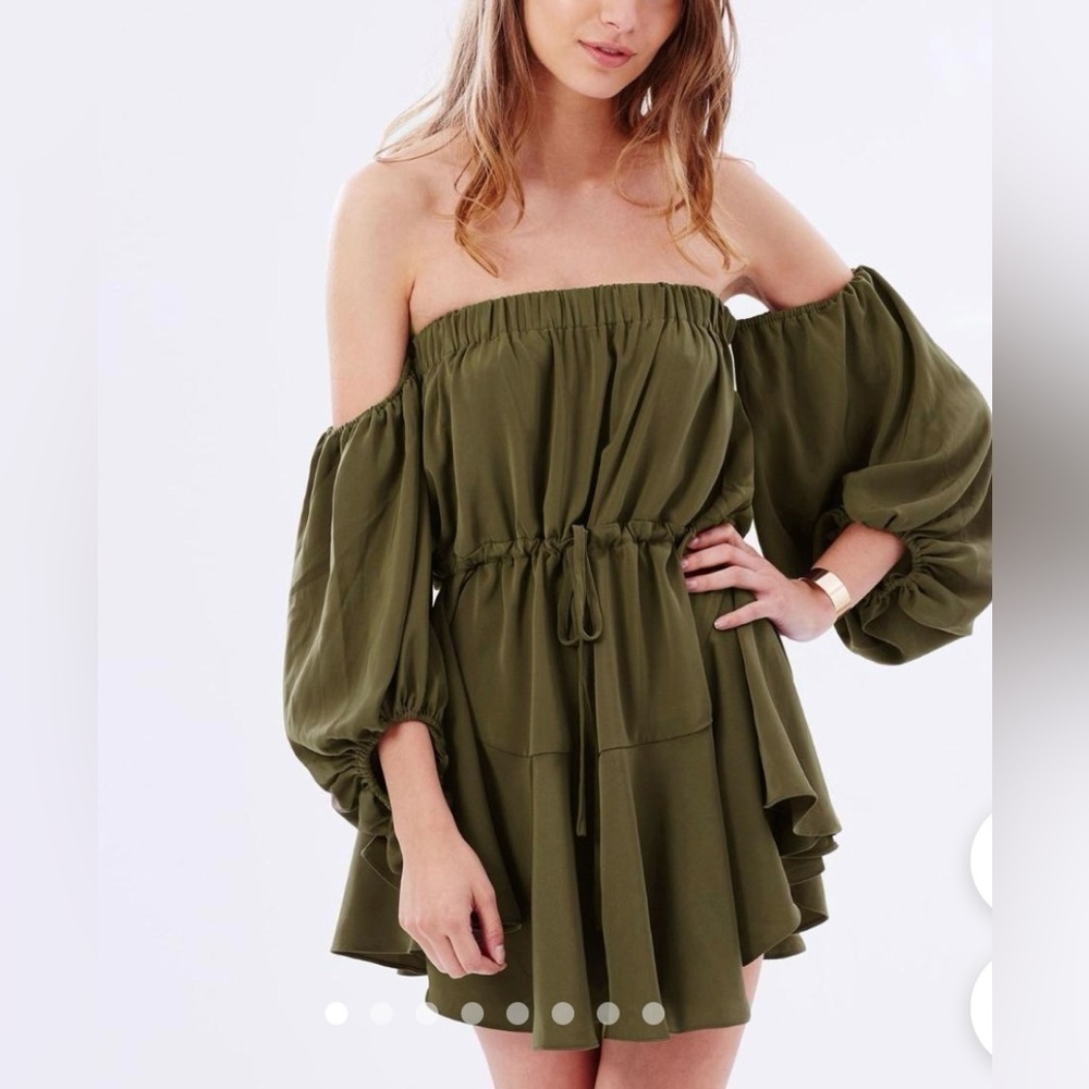 Shona Joy Olive Green Leticia Off Shoulder Mini Dress